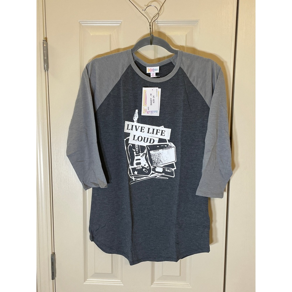 LuLaRoe Randy Top Womens Medium Grey NWT Live Life Loud Guitar Graphic Tee